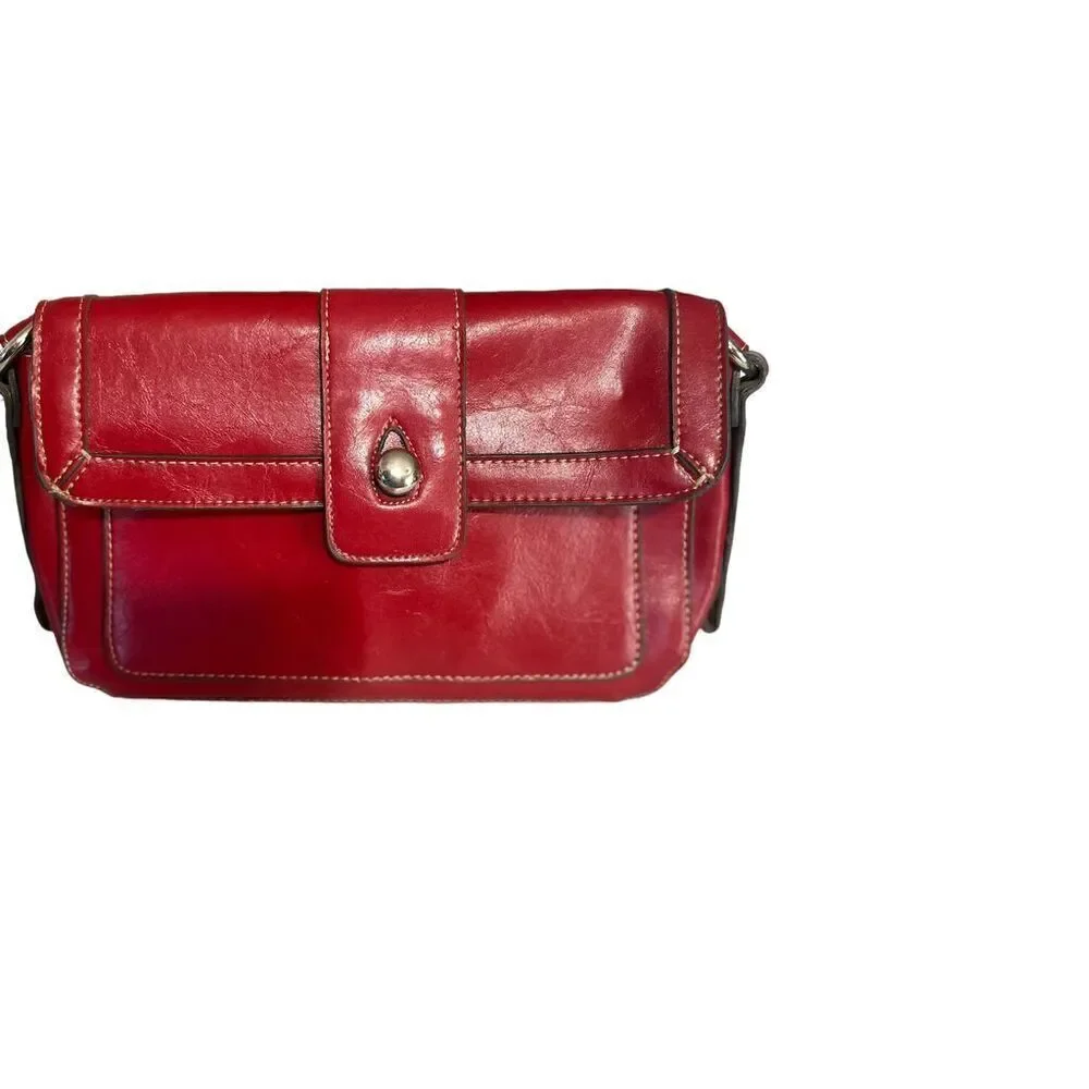 Emillie M Red Faux Vegan Leather Shoulder Satchel Silver Hardware Flap Closure